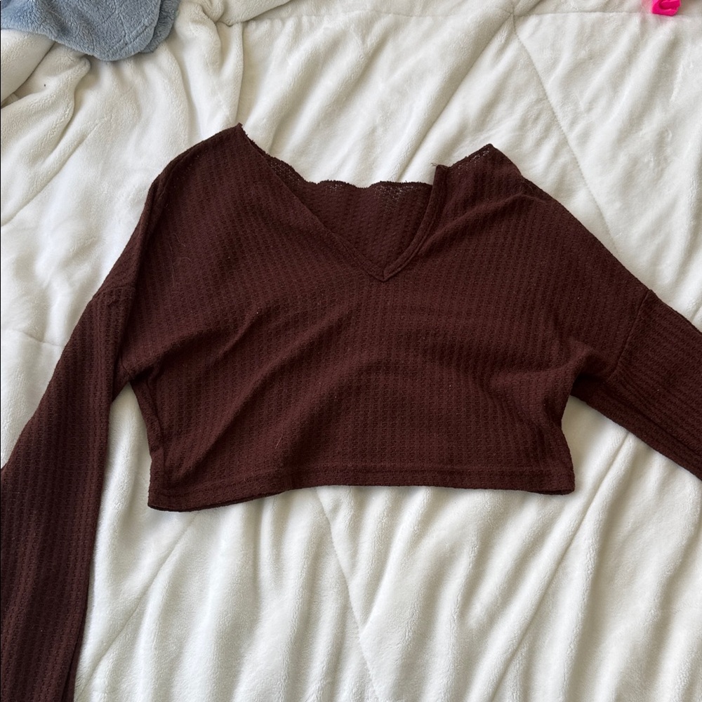 SHEIN Chocolate V-Neck Cropped Blouse